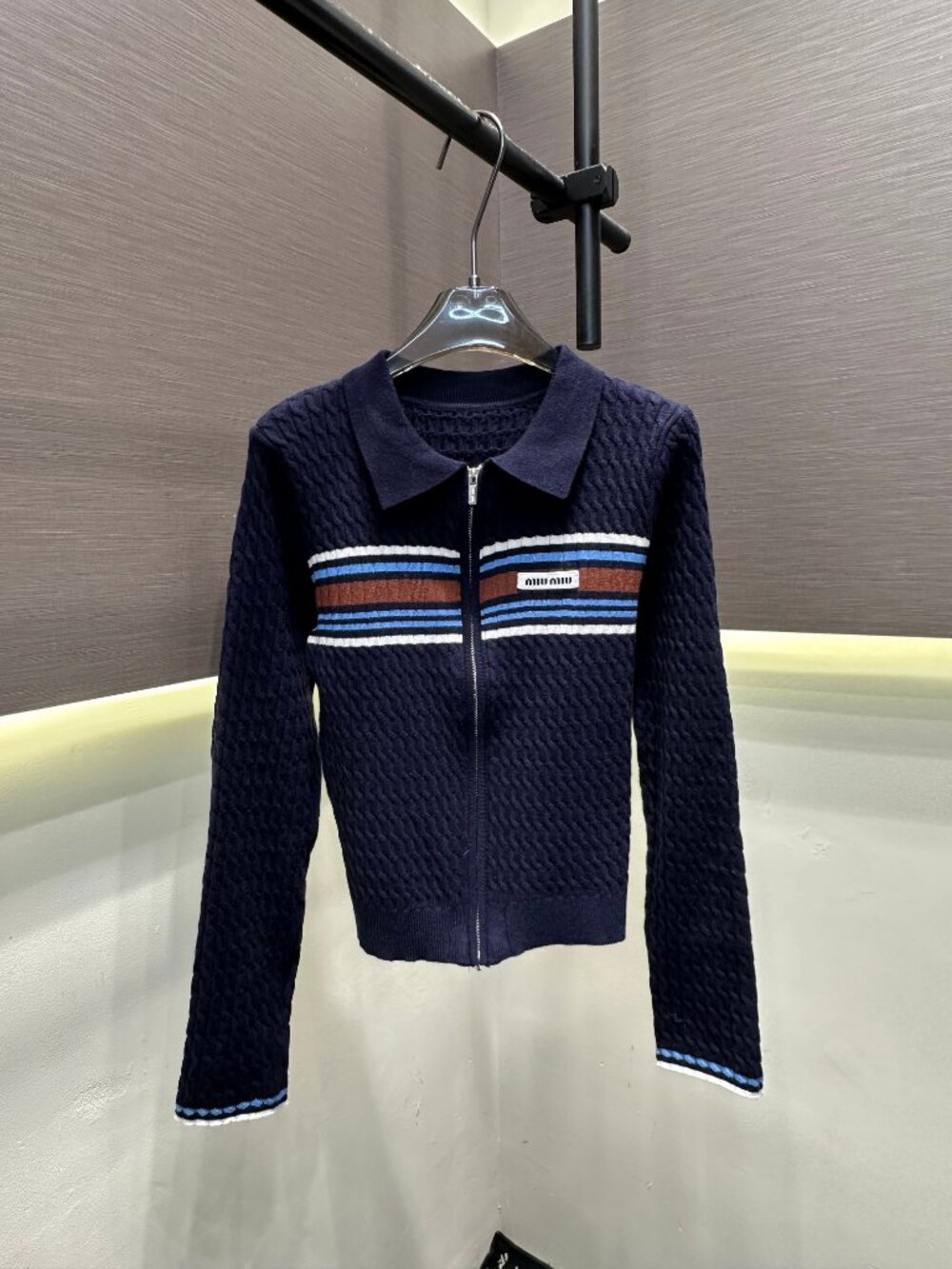 ✨Miu Miu✨ Color-Blocked Letter-Print Collared Long-Sleeve Knit Top